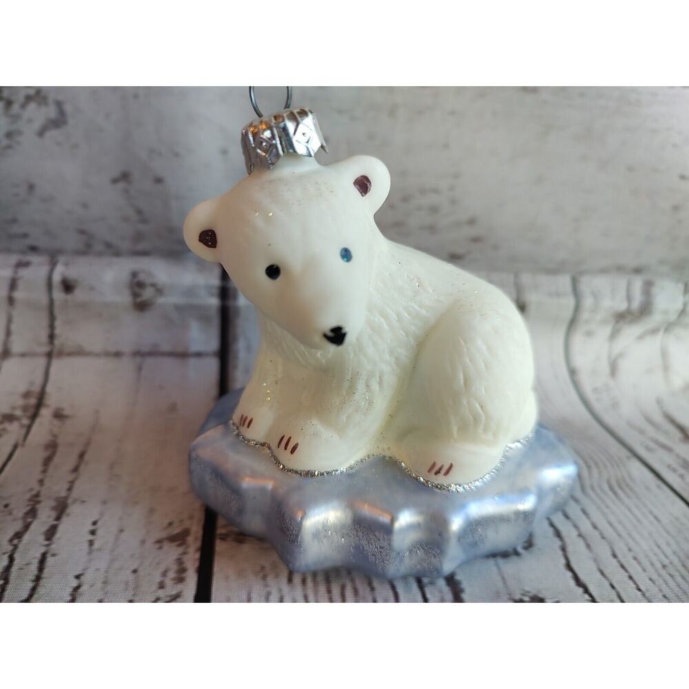 Blown Glass Arctic Polar Bear On Ice Burg Ornament